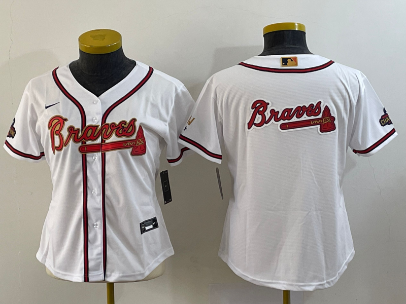 Women's Atlanta Braves Team Big Logo 2022 White Gold World Series Champions Program Stitched Jersey(Run Small)